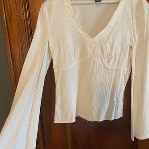 BCBG White Linen Long Bell Sleeve Top side zip